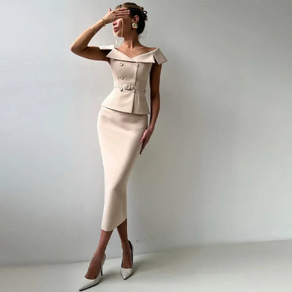 Double-Breasted Midi Skirt Suit - 2-Piece Set