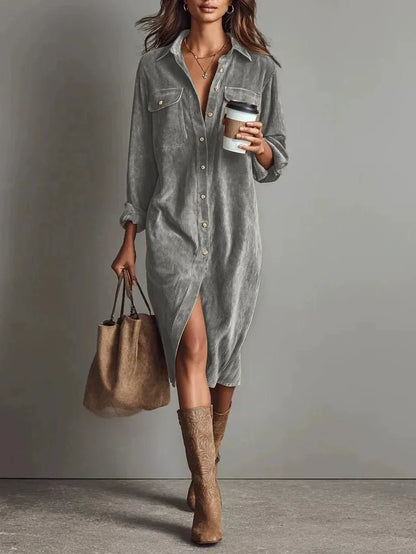 Corduroy Maxi Shirt Dress - Long Sleeve Lapel