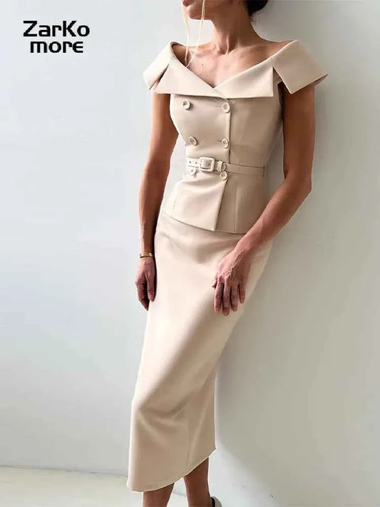 Double-Breasted Midi Skirt Suit - 2-Piece Set