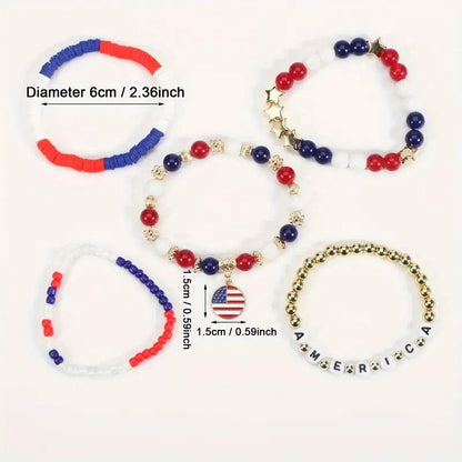 Set American Flag Theme Bracelet Independence Day Beaded Stretch Bracelet