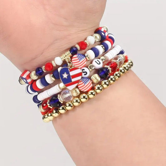 Set American Flag Theme Bracelet Independence Day Beaded Stretch Bracelet