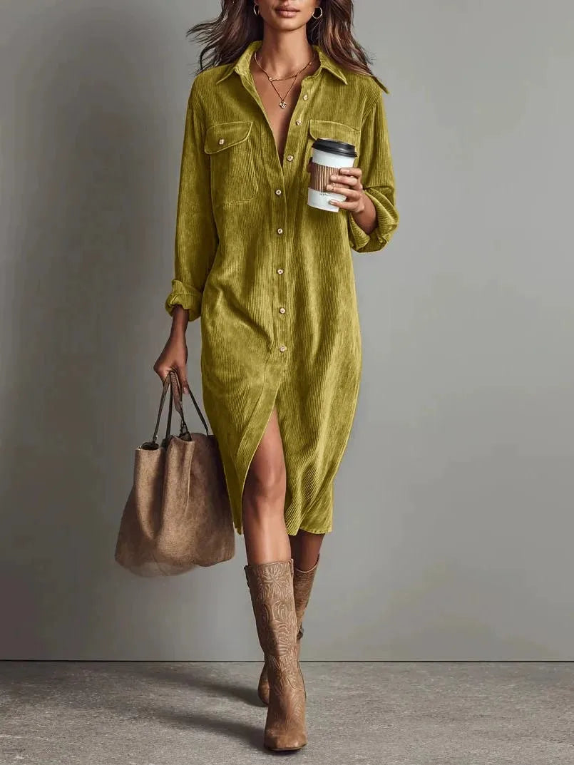 Corduroy Maxi Shirt Dress - Long Sleeve Lapel