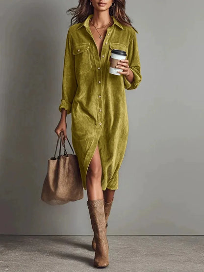 Corduroy Maxi Shirt Dress - Long Sleeve Lapel