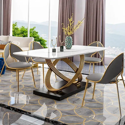 Modern Dining Table With Stainless Steel Finish Black White Desk Top For Six People Home Rectangle Luxury Marble Kitchen Table