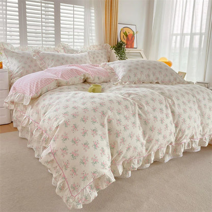 Bonenjoy Pink Color Duvet Cover with Ruffles 100%Cotton Flower Printed housse de couette for Girls Pure Cotton Bed Cover King