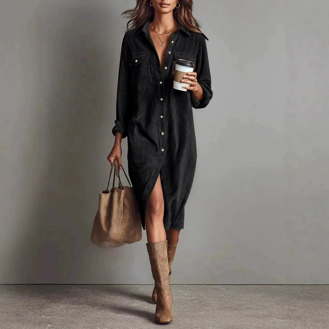 Corduroy Maxi Shirt Dress - Long Sleeve Lapel