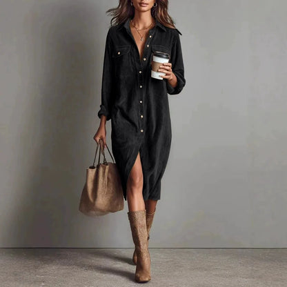 Corduroy Maxi Shirt Dress - Long Sleeve Lapel