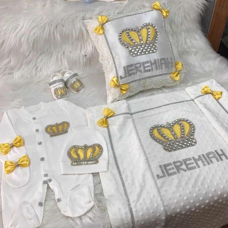 5pcs Baby Girl Outfits Set Welcome Home Hosptial Infant Receiving Blanket Pillow Bed Hat Mittens Romper Set