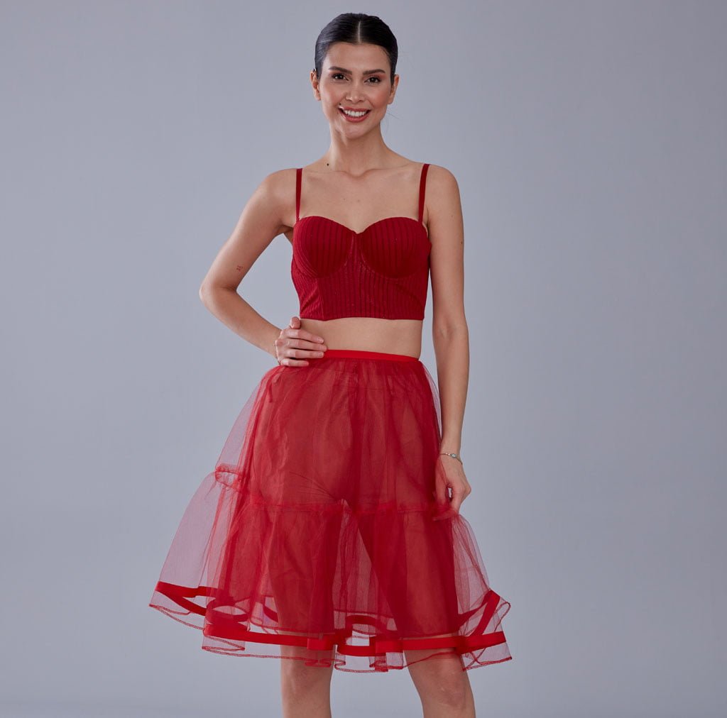 Red Voile Short Petticoat Skirt with Elastic Band - Perfect for Parties