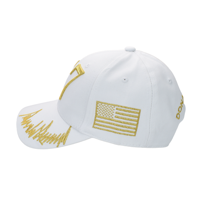 Trump 47 White Cap with Gold Embroidery – Hook & Loop Adjustable Patriotic Hat
