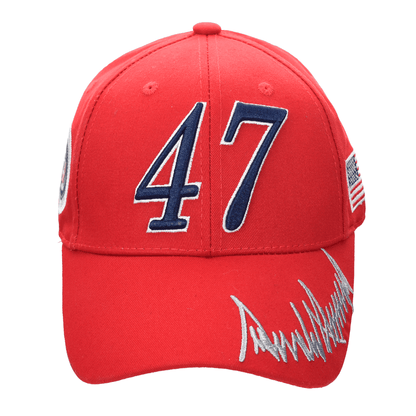 Trump 47 Cap – Red Cotton Twill Embroidered MAGA Hat with Presidential Seal, USA Flag & Signature