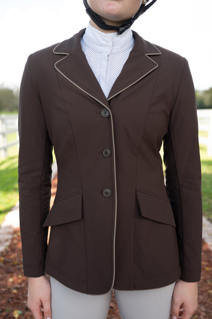 Grand Prix Ladies EQJ 3 Button Show Coat, Chocolate with Tan Piping