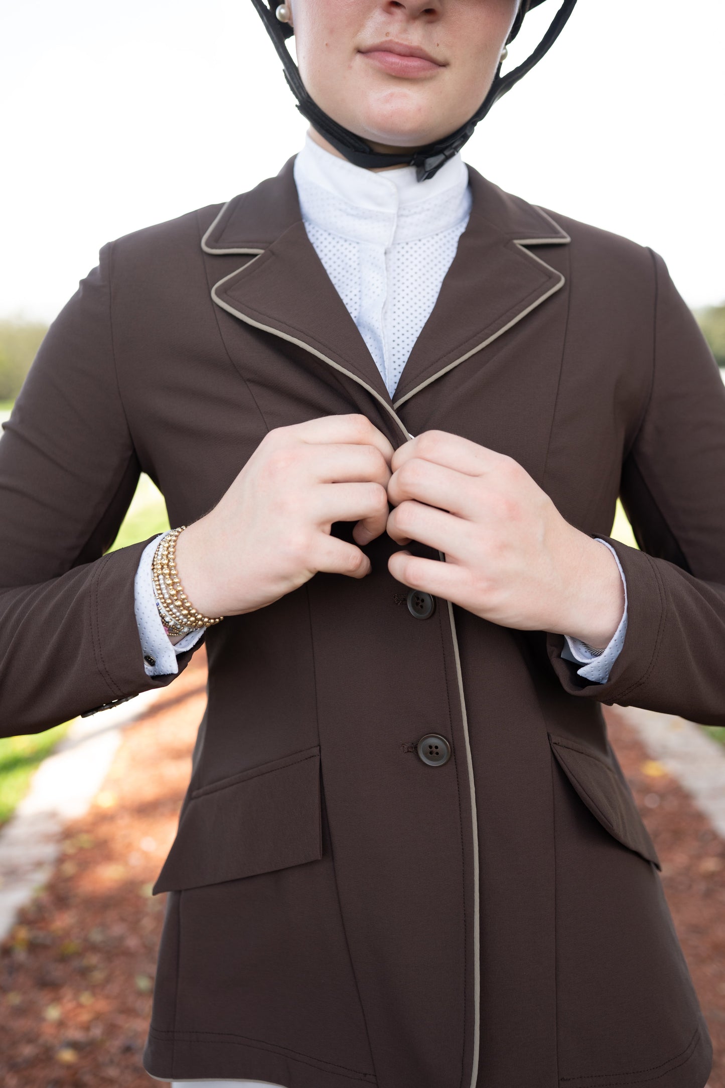 Grand Prix Ladies EQJ 3 Button Show Coat, Chocolate with Tan Piping
