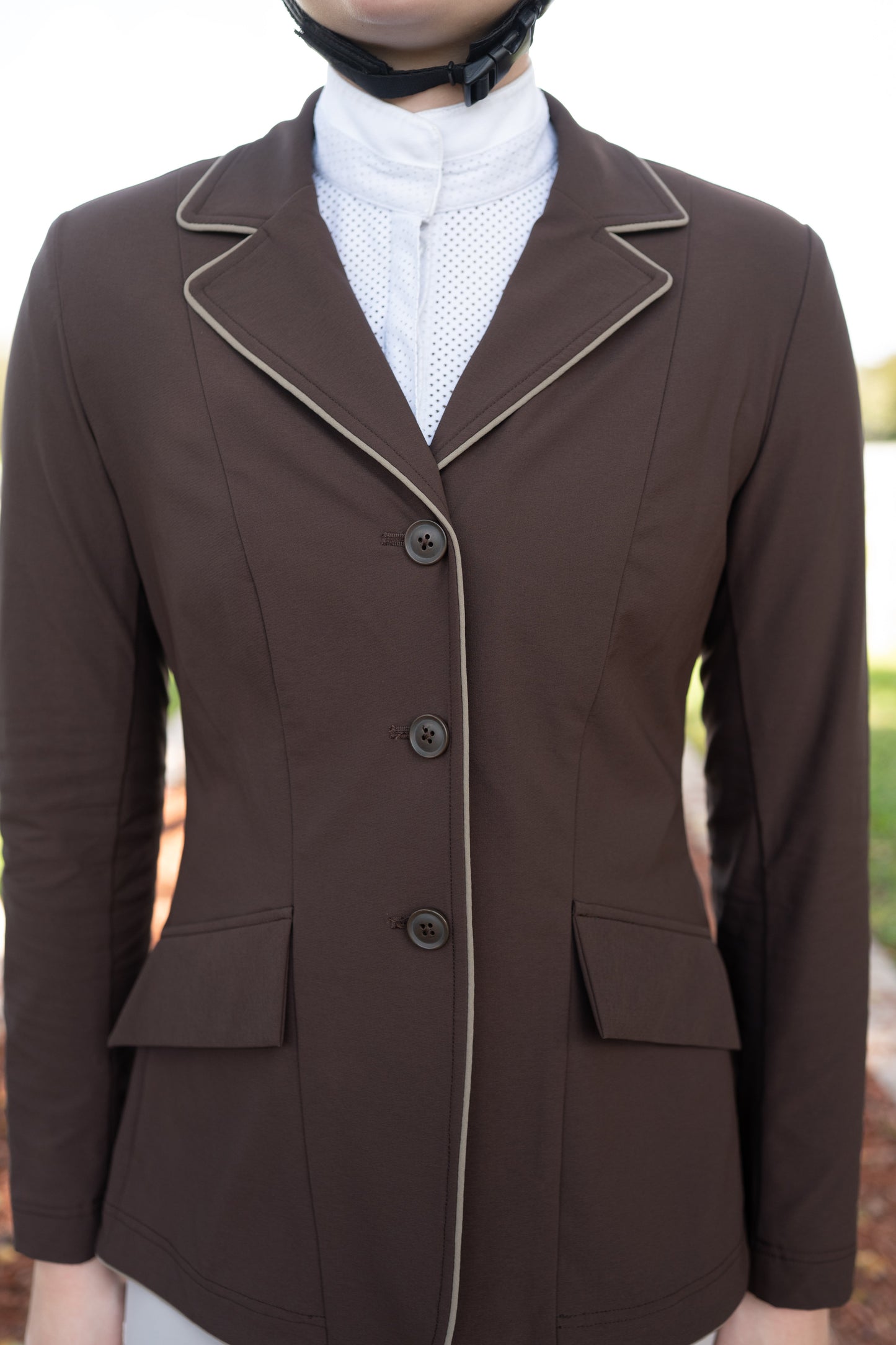 Grand Prix Ladies EQJ 3 Button Show Coat, Chocolate with Tan Piping