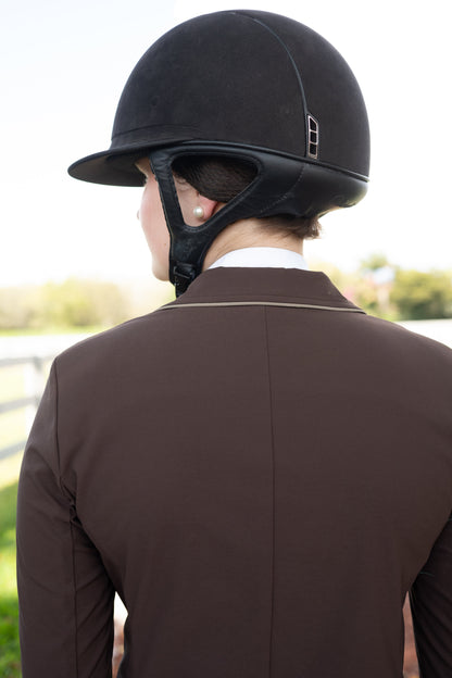 Grand Prix Ladies EQJ 3 Button Show Coat, Chocolate with Tan Piping