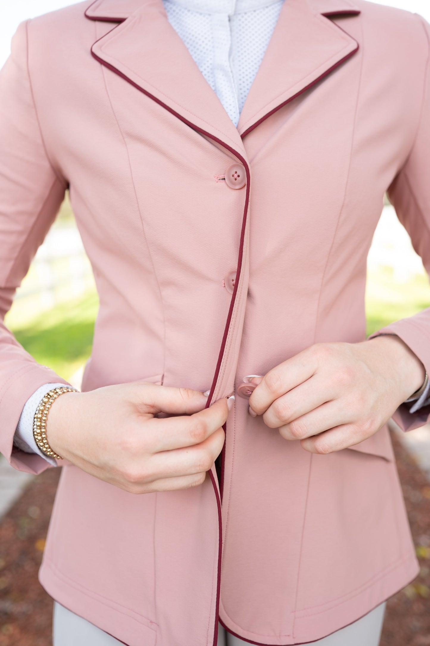 Grand Prix Ladies EQJ 3 Button Show Coat, Rose with Burgundy Piping