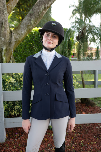 Grand Prix Ladies EQJ 3 Button Show Coat, Navy with Cadet Blue Collar