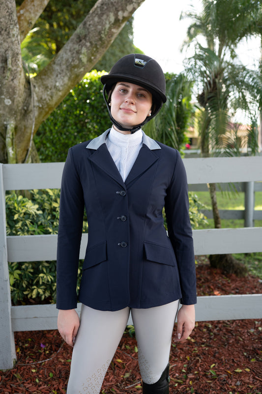 Grand Prix Ladies EQJ 3 Button Show Coat, Navy with Cadet Blue Collar