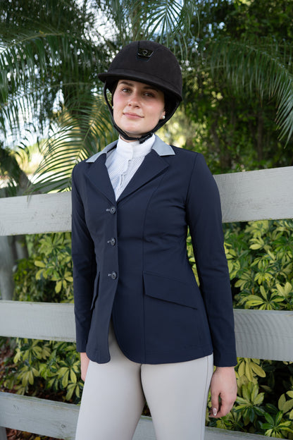 Grand Prix Ladies EQJ 3 Button Show Coat, Navy with Cadet Blue Collar