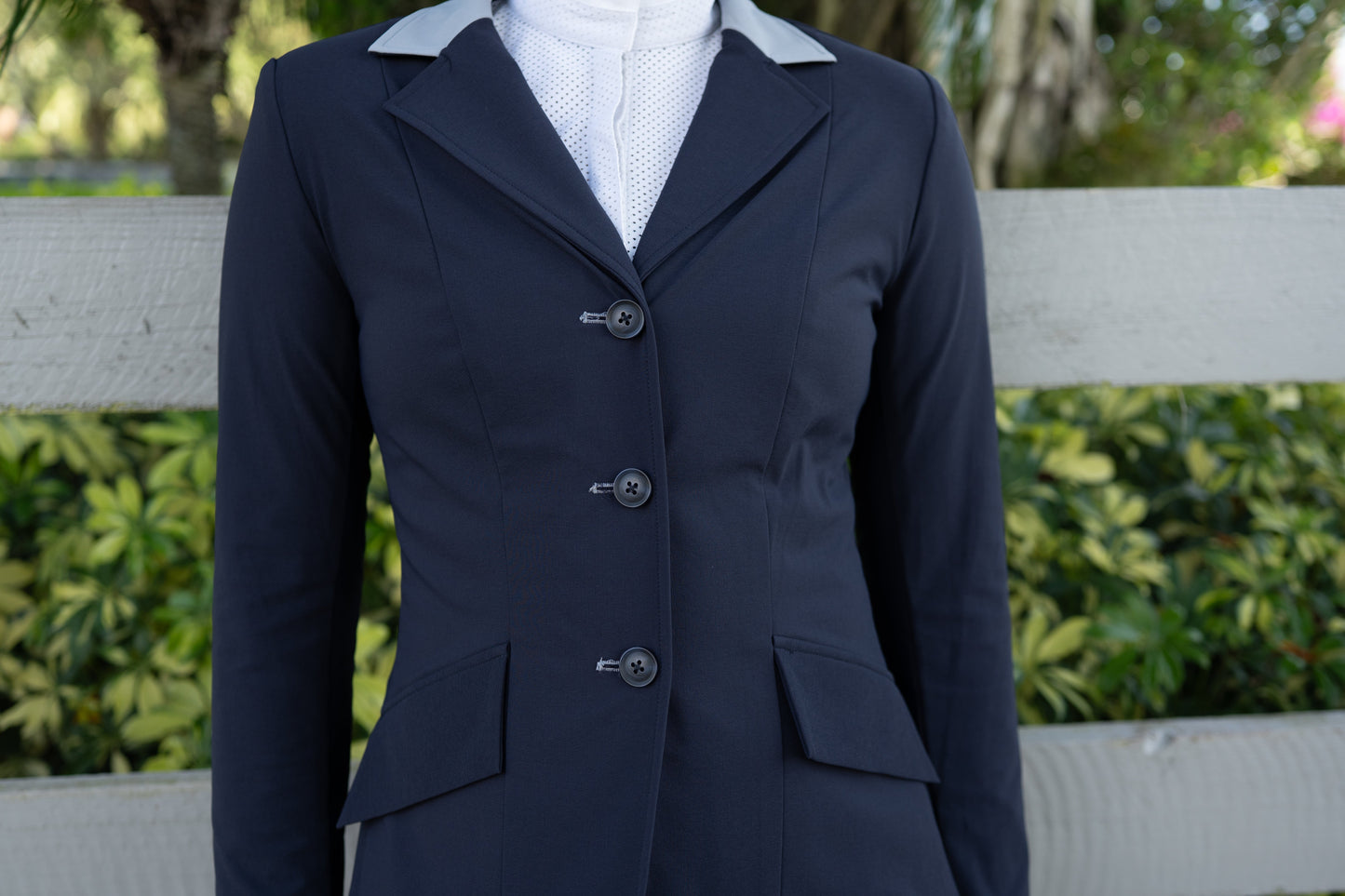 Grand Prix Ladies EQJ 3 Button Show Coat, Navy with Cadet Blue Collar