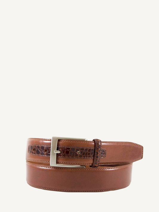 Cognac Leather Belt with Genuine Crocodile Tab Detail | 1 3/8" Width