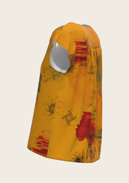 Horse Flower Fair in Ochre Loose Fitting V Neck Shirt