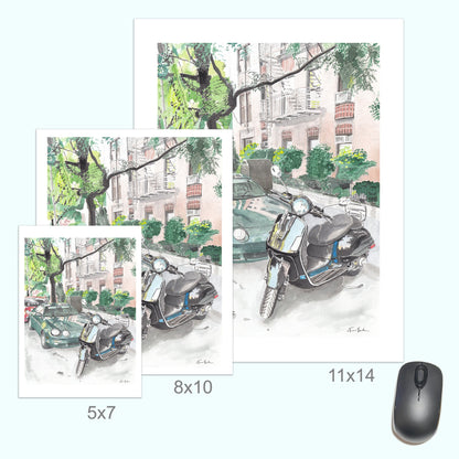 Vespa Scooter and Toyota Celica, Classic Car, Street Scene, Print