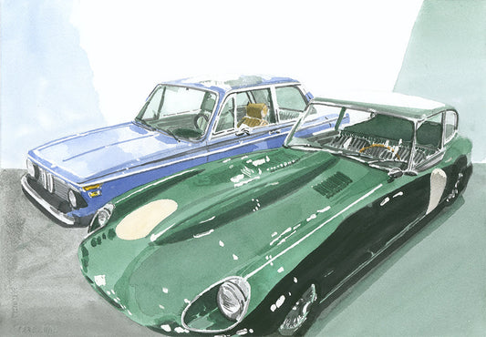 Jaguar E-Type and BMW 2002 Painting, Classic Cars, Watercolor, Print