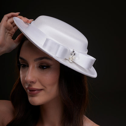 White Satin Hat with Bow and Pearls
