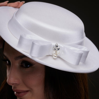 White Satin Hat with Bow and Pearls