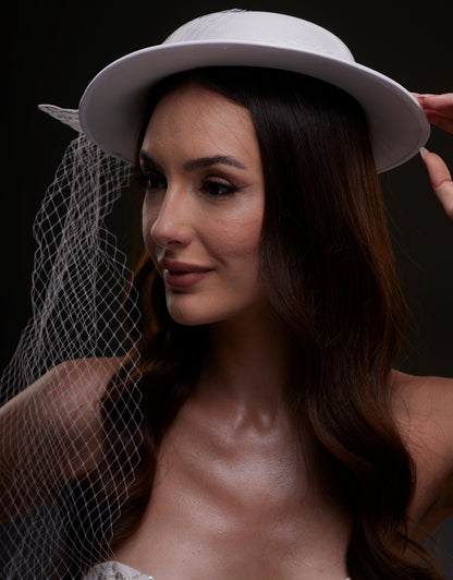 White Satin Hat with Flower and Veil Netting
