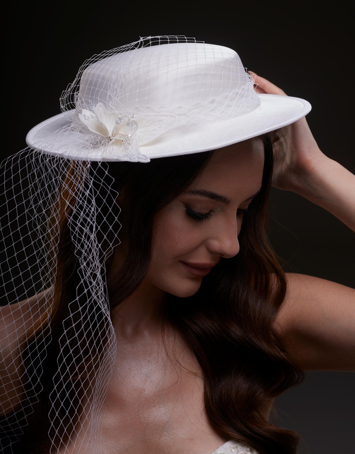 White Satin Hat with Flower and Veil Netting