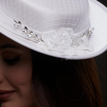 White Satin Hat with Lace Flowers & Crystal Leaves