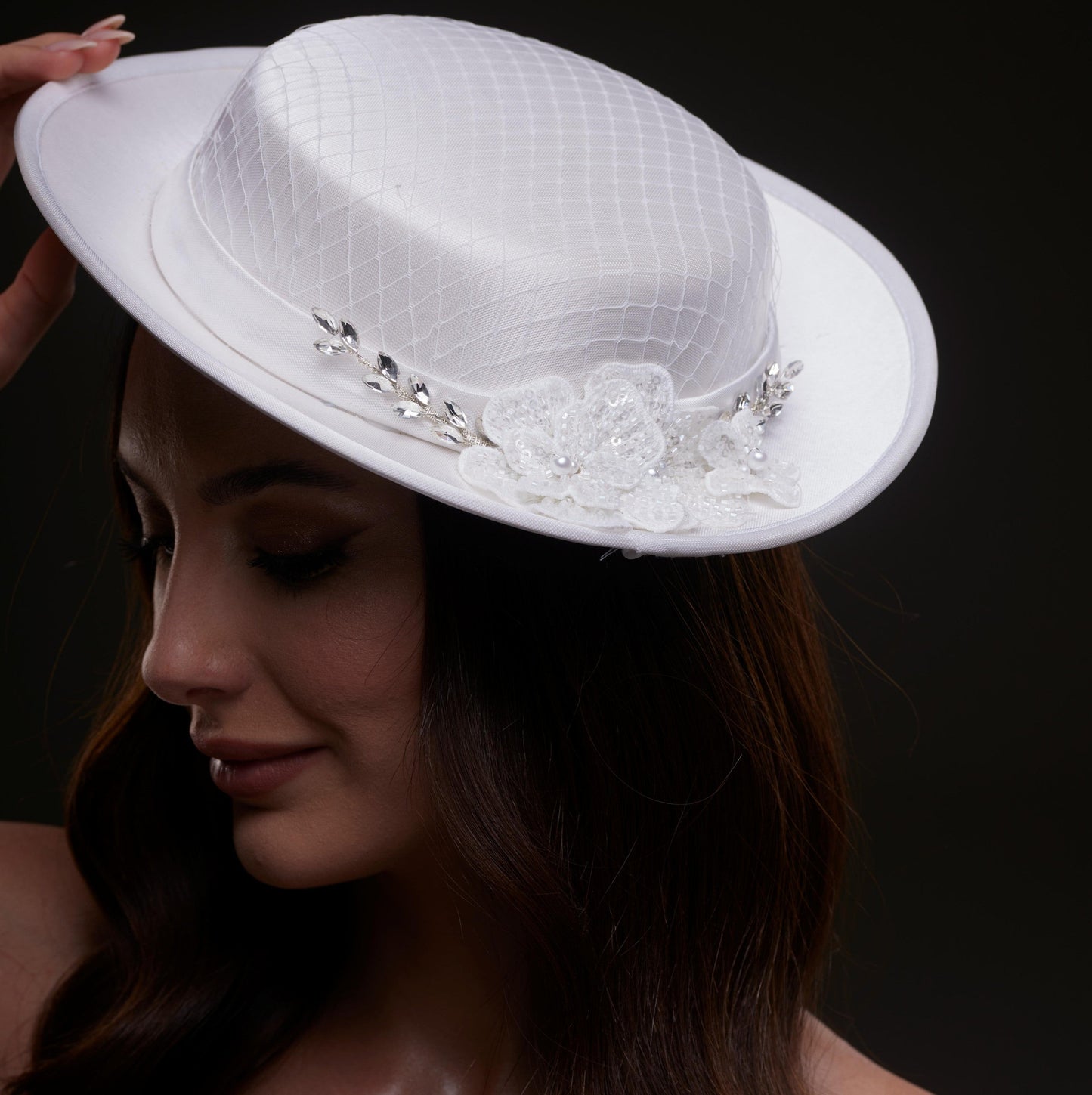 White Satin Hat with Lace Flowers & Crystal Leaves