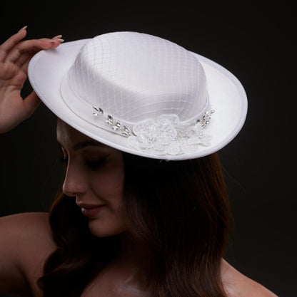 White Satin Hat with Lace Flowers & Crystal Leaves