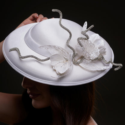 White Satin Hat with Rhinestone Vines and Tropical Flower Appliqués