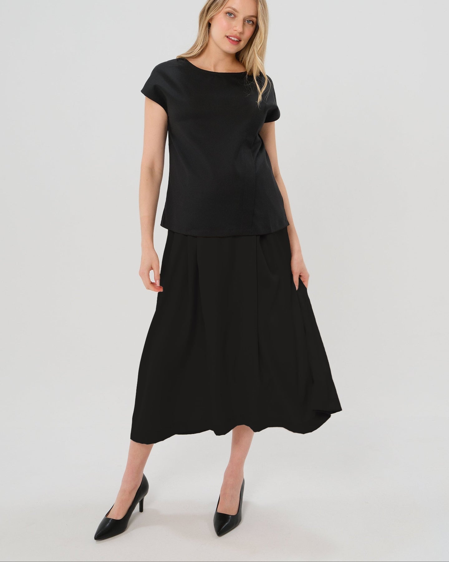 Pleated Black Maternity Maxi Skirt in All-Season Wool Blend | Over/Under Bump