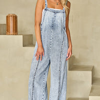 Luxury Light Wash Frayed Exposed Seam Wide Leg Denim Overall