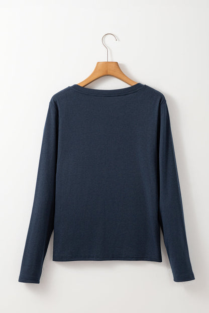 Dirty Blue Notch V Neck Pocket Patched Long Sleeve Women's T-Shirt