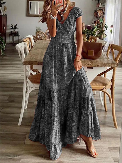 Full Size Smocked Printed V-Neck Dress for Effortless Style