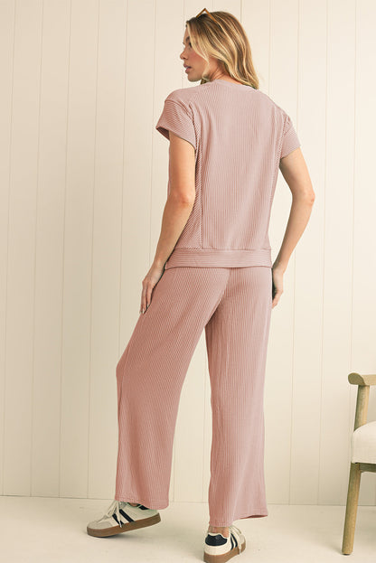 Luxury Solid Corded Short Sleeve T Shirt And Wide Leg Pants Set