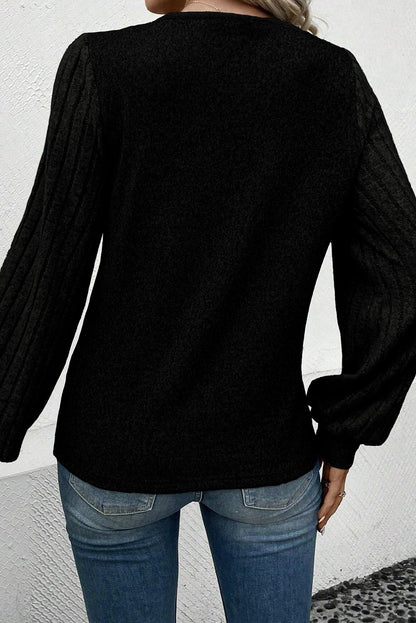 Light Grey Buttoned V Neck Ribbed Puff Sleeve  Women's Top