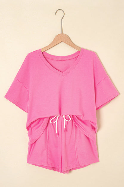 V-Neck Drop Shoulder Tee & Patchwork Drawstring Shorts Set