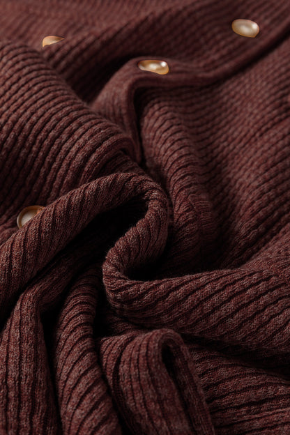 Red Sandalwood Ribbed Knit Buttons Front Flap Pocket Casual Shacket