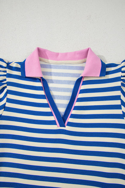 Stripe Flutter Sleeve Contrast Collar Mini Dress