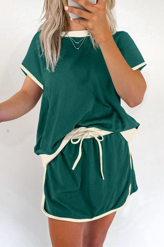 Luxury Colorblock Edge Drop Shoulder T Shirt and Skort Set
