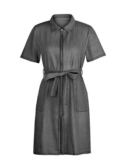 PREORDER: Fia Full Size Zip Front Short Sleeve Denim Dress Plus Size
