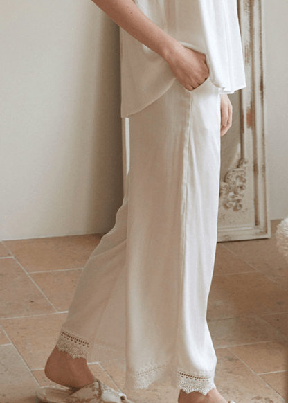 Amie Lace Collar Satin Lightweight Pajama Set / White