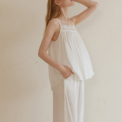 Amie Lace Collar Satin Lightweight Pajama Set / White