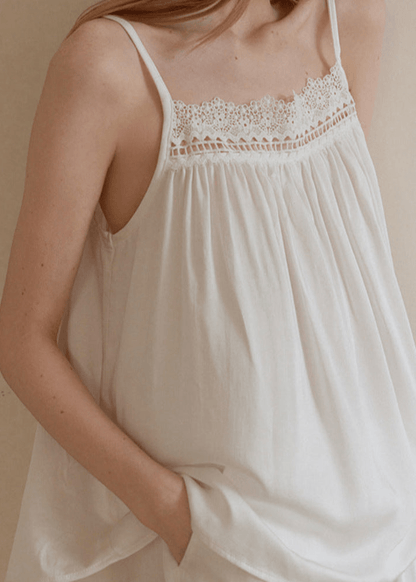 Amie Lace Collar Satin Lightweight Pajama Set / White
